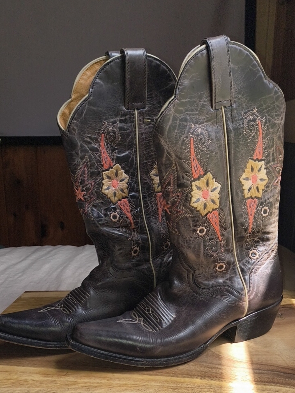 J.B. Dillon Dark Greyish Brown Leather Cowboy Boots with Salmon/Beige Embroidery